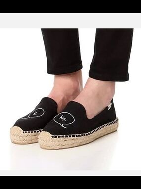 Soludos Black Canvas Espadrille Slip-Ons with Speech Bubble Embroidery